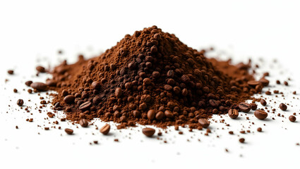 Elegant still life showcasing the rich texture and aroma of freshly ground coffee, highlighting its inviting warmth and timeless appeal on bright background