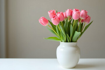 Fototapeta premium Elegant Still Life, A Bouquet of Pink Tulips in a Pristine White Vase, Bathed in Soft Light, Radiating Freshness and Serenity with Delicate Floral Charm