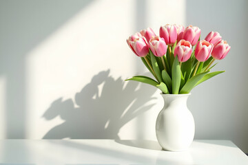 Obraz premium Elegant white vase showcasing a vibrant bouquet of fresh pink tulips on a pristine white table under soft, natural light creating a serene floral still life