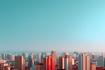 Obraz premium Summertime, retro, cityscape: Urban skyline during golden hour, retro summer tones, vintage grainy texture.