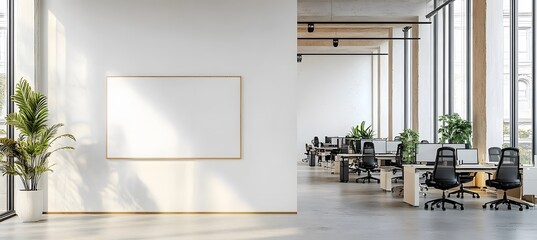 Minimalist office interior with blank wall for poster mockup and modern workspace with natural light and 3D rendering
