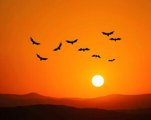 Fototapeta premium Enchanting dusk landscape featuring silhouettes of bats soaring against a vibrant orange sky, evoking a sense of mystery and twilight ambiance, perfect for spooky season