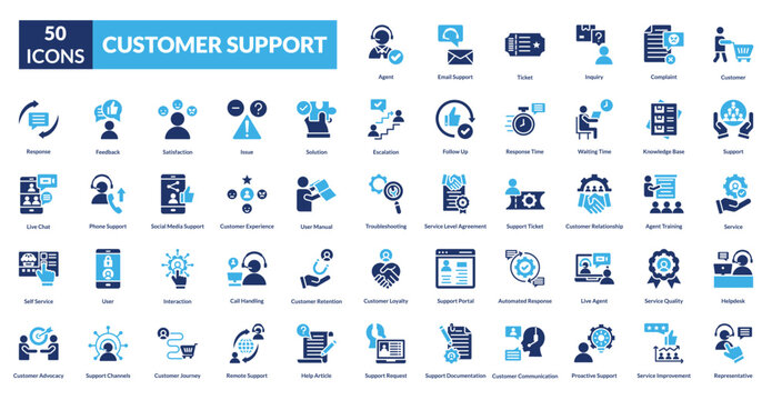 Customer support fill icon collection set. Includes service, help, assistance, call, chat, agent, headset, satisfaction, troubleshoot, inquiry, support, resolution, hotline, ticketing, guide