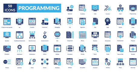 Programming fill icon collection set. Includes code, algorithm, software, development, logic, script, compiler, debug, syntax, function, variable, loop, database, framework, api