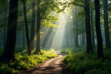 Obraz premium Enchanting Forest Path, A Serene Journey Through Sunlight and Shadows, Offering a Sense of Tranquility and Escape into Nature's Embrace