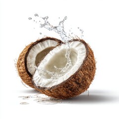 Halved coconut with water splashing isolated on white background