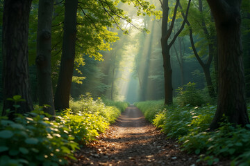Fototapeta premium Enchanting Forest Path, Sunlight Filtering Through Trees Creating a Mystical Ambience and Inviting Discovery Along a Verdant Trail with Open Space
