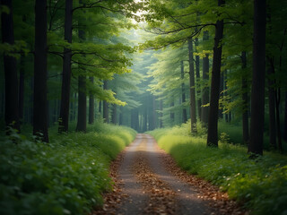 Obraz premium Enchanting Forest Pathway, A Serene Journey Through Sunlight and Shadow, Inviting Exploration and Reflection Amidst Nature's Tranquil Embrace