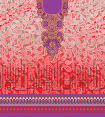 Colorful textile design featuring intricate paisley patterns in shades of red, pink, and purple,...