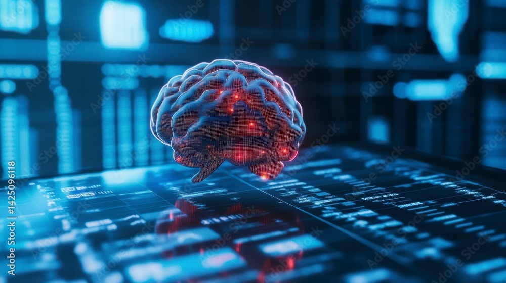 Poster 3D rendering of a human brain with glowing red nodes, displayed on a futuristic digital interface.