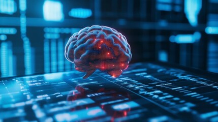 3D rendering of a human brain with glowing red nodes, displayed on a futuristic digital interface.