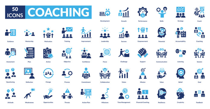 Coaching fill icon collection set. Includes mentoring, training, guidance, leadership, support, development, skills, strategy, motivation, improvement, feedback, expertise, learning, success
