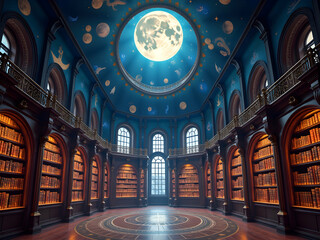 Obraz premium Enchanting Moonlit Library, A Mystical Realm of Knowledge and Imagination Under a Celestial Canopy with Soaring Architectural Grandeur and Infinite Literary Treasures