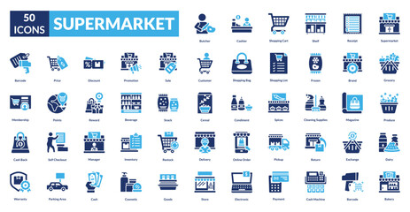 Supermarket fill icon collection set.  Includes grocery, shopping cart, food, store, basket, cashier, checkout, produce, market, aisle, sale, discount, items, packaging, payment  © Zero_wing