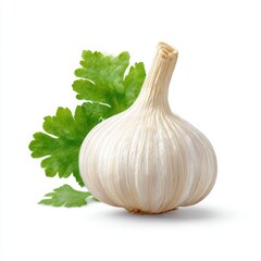 A garlic bulb with a green leaf next to it food isolated on white background