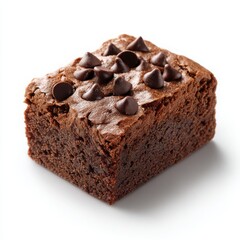 A single chocolate brownie with chocolate chips on a plain surface isolated on white background