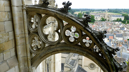 Gothic arch detail with city view from cathedral tower
