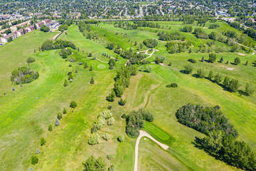 Golf course with a green grassy field and trees