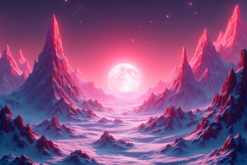 Enchanting pink galaxy landscape with crystal mountains and celestial glow, a surreal and dreamy vista of an alien world under a radiant moon