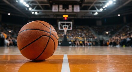 A basketball sits on the polished court floor, the blurred background revealing an expectant crowd and illuminated hoop, signaling game time.
