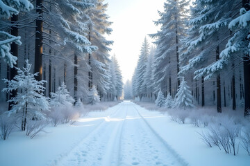 Obraz premium Enchanting Snowy Forest Path, A Winter Wonderland Scene with Sunlit Space, Perfect for Serene Escape and Tranquil Reflections in Nature's Icy Embrace