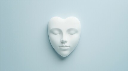 A minimalist heart-shaped mask with serene facial features, set against a soft, light-colored background.