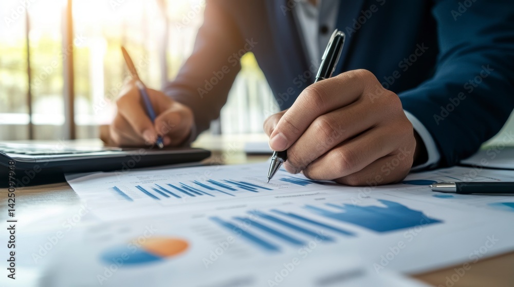Poster close-up of businessman's hands analyzing financial data, charts, and graphs with a pen and calculat