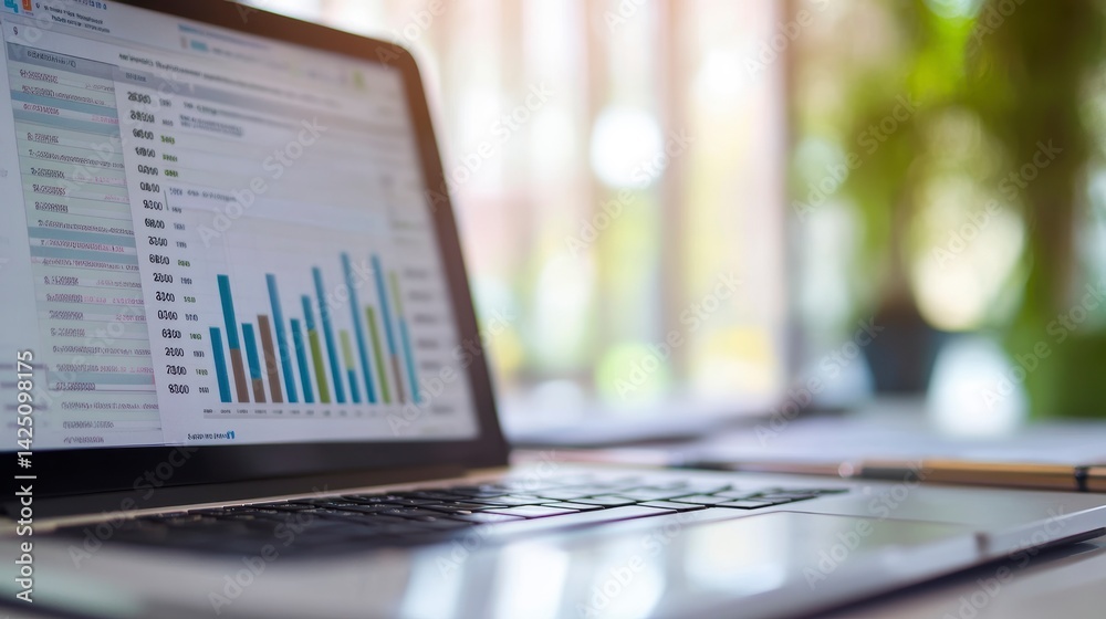 Poster Laptop displaying financial graphs and charts on a desk.