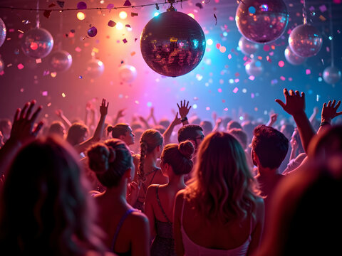 Energetic crowd dancing under a mesmerizing display of disco balls and confetti creating a vibrant and festive atmosphere filled with joyful celebration