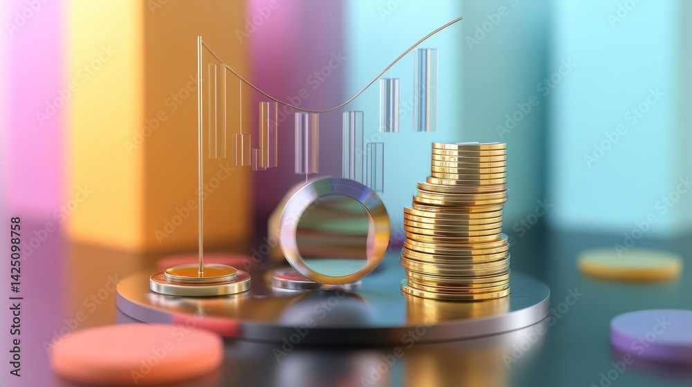 Poster Abstract 3D rendering of financial growth, showing a rising graph with gold coins and colorful background.