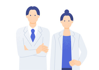 大学病院・クリニックで活躍する医療スタッフ。白衣を着た男女の医師。ベクターイラスト素材。