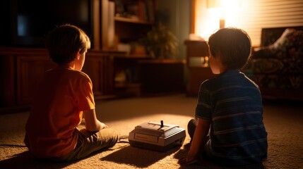 Two children playing video games in a cozy living room, illuminated by warm light