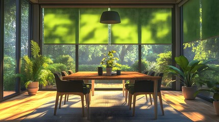 Modern dining room with table, chairs, and green roller blinds in minimalist interior design
