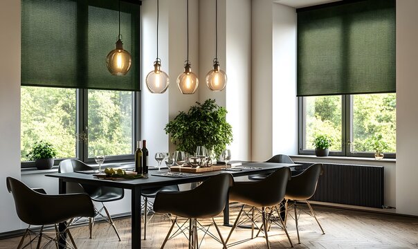 Modern dining room with table, chairs, and green roller blinds in minimalist interior design
