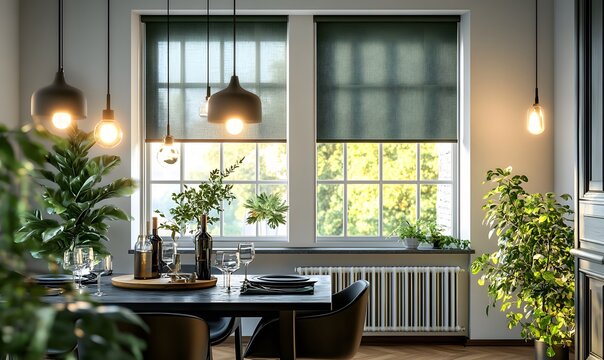 Modern dining room with table, chairs, and green roller blinds in minimalist interior design
