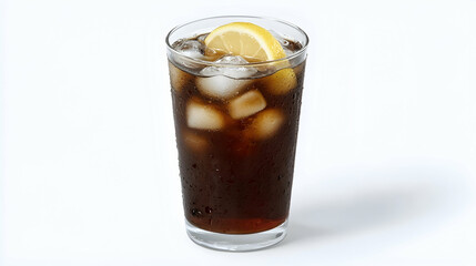 Iced cola drink with lemon wedge, refreshing summer beverage, studio shot, white background, perfect for advertisements