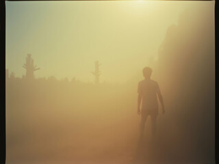 Fototapeta premium Evocative minimalist scene of a solitary figure immersed in a hazy landscape with trees, stylized with subtle film dust and line effects for added depth and texture