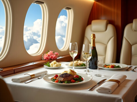 Experience the height of luxury with a gourmet meal served on a private jet, set against a breathtaking backdrop of fluffy clouds and clear blue skies