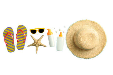 Sunscreen bottles, flip flops, and a straw hat for summer fun, isolated on white, PNG
