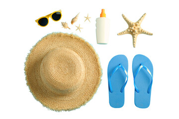 Flat lay arrangement of summer vacation items including a sun hat, isolated on white, PNG