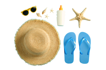 Flat lay arrangement of summer vacation items including a sun hat, isolated on white, PNG