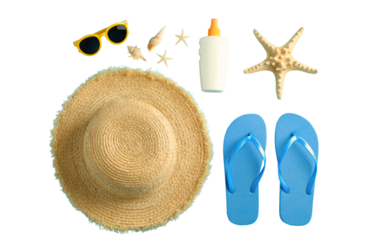 Flat lay arrangement of summer vacation items including a sun hat, isolated on white, PNG