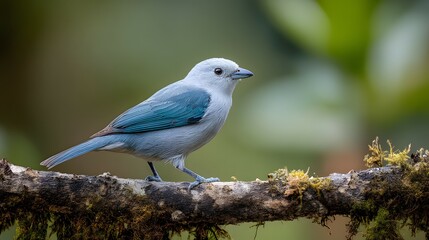 Fototapeta premium Silver Blue Tanager Bird Perched on Mossy Branch in Lush Green Rainforest