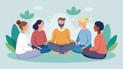 Under the guidance of a facilitator a support group for individuals with mental health challenges participates in group meditative drawing creating a. Vector illustration