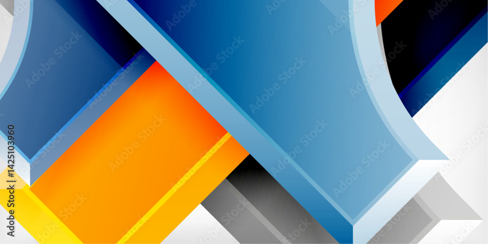 Aufkleber Abstract geometric composition. Overlapping shapes create dynamic visual effect. Blue, orange, gray, white hues dominate design. Modern aesthetic, clean lines present.