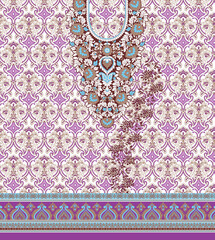 Ornate textile design featuring intricate floral patterns in pink, blue, and brown, with a decorative border at the bottom.