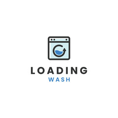 Modern circular wash icon with arrow, clean drum, bubbles, cycle motion, laundry service symbol.