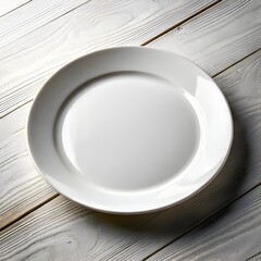 An empty white plate on white wooden table with &frac34; Camera Angle Diagonal Pattern