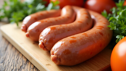 Fresh uncooked sausages arranged on a food-grade cutting board, ready for grilling or cooking, a culinary ingredient for preparing a delicious meal and tasty dish