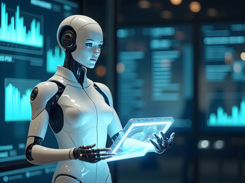 Futuristic Androgynous AI Assistant Managing Data on a Digital Tablet Display in a High Tech Environment, Illustrating Advanced Artificial Intelligence and Human Machine Interface